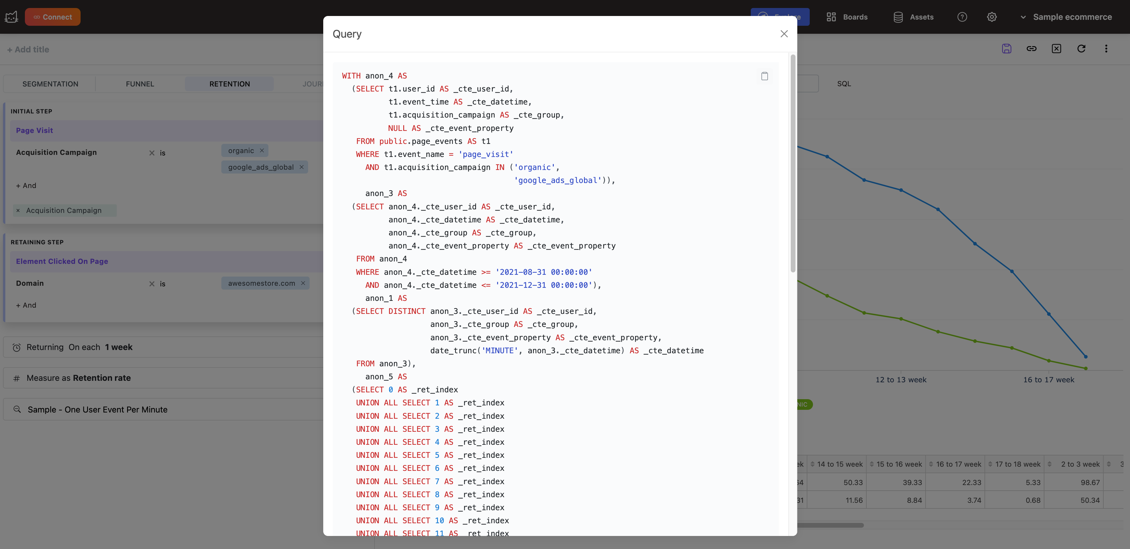 Окно генерации SQL‑кода в Mitzu, показывающее нативный запрос ClickHouse