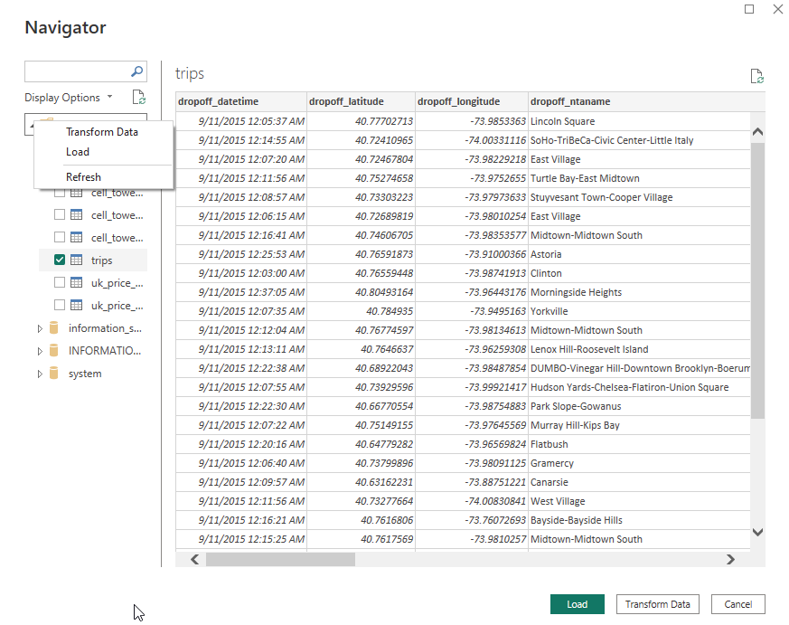 Окно Power BI Navigator с таблицами базы данных ClickHouse и примерами данных
