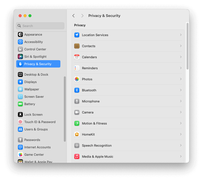 Стандартный вид настроек Privacy & Security в macOS